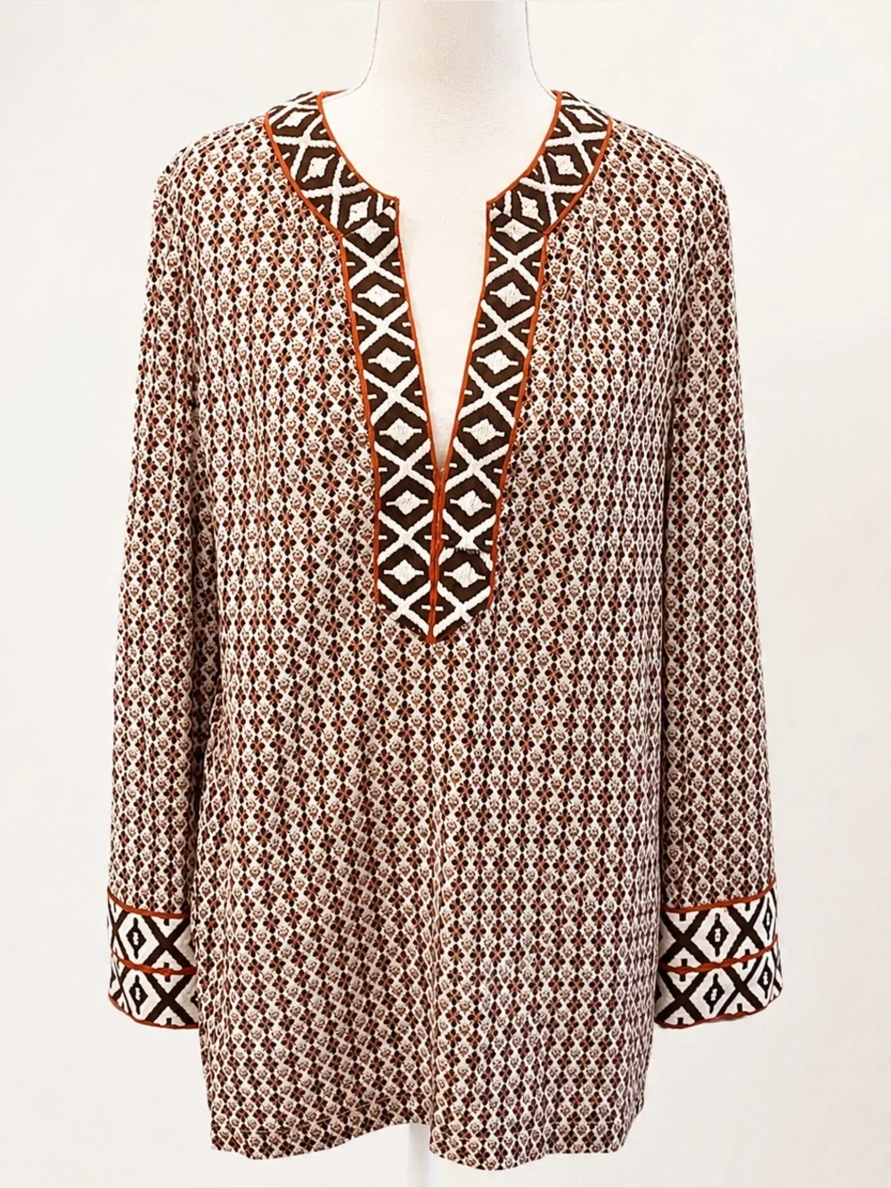 Tory Burch VGUC Printed Cotton Tunic Brown Ivory Size 10 Boho Resort